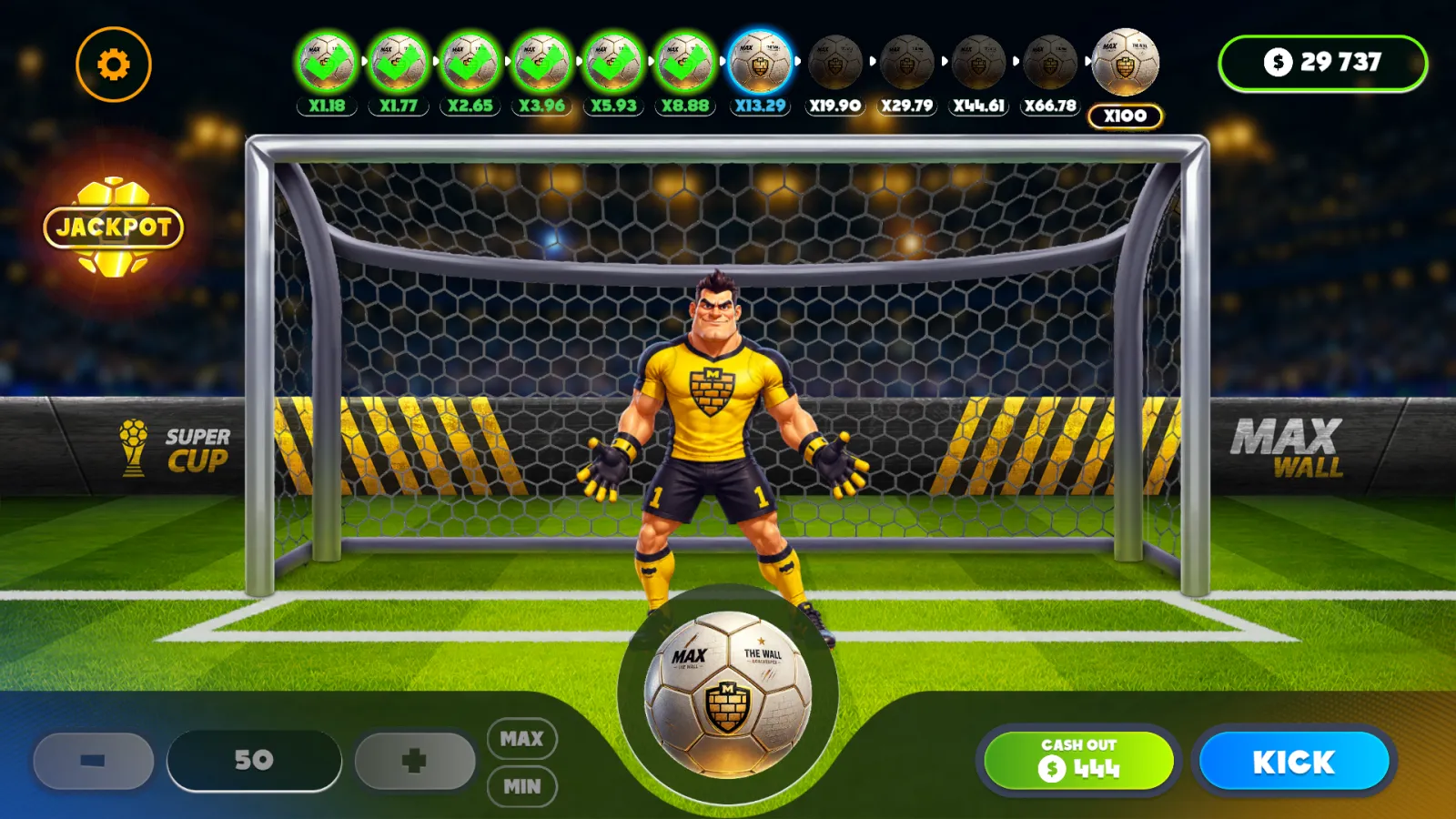 Penalty Crash gameplay screenshot — multiplier climbing over a penalty kick